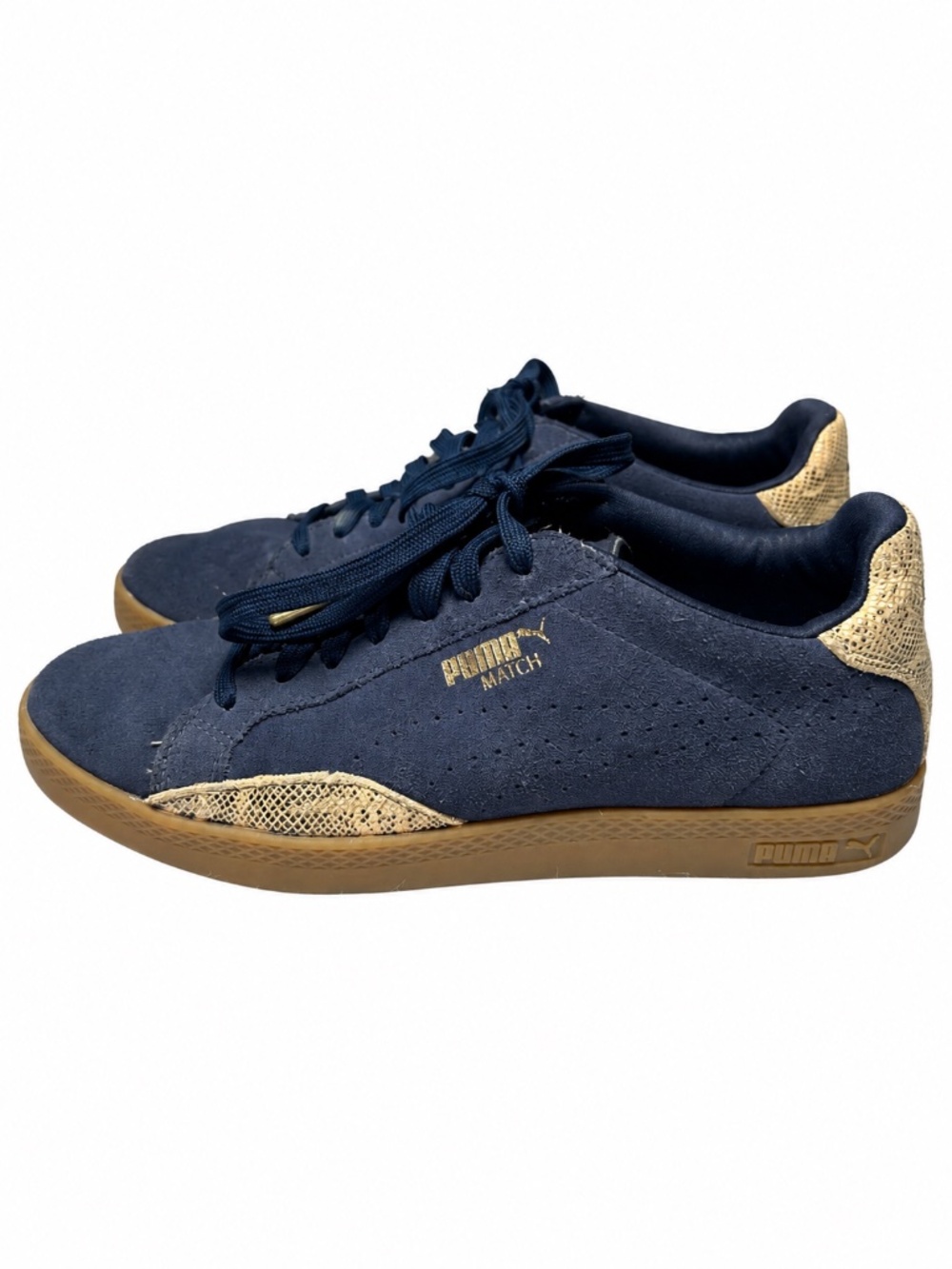 Puma Match Sneakers Women 7 Navy Suede Gold Snake Detail Gum Sole Sporty